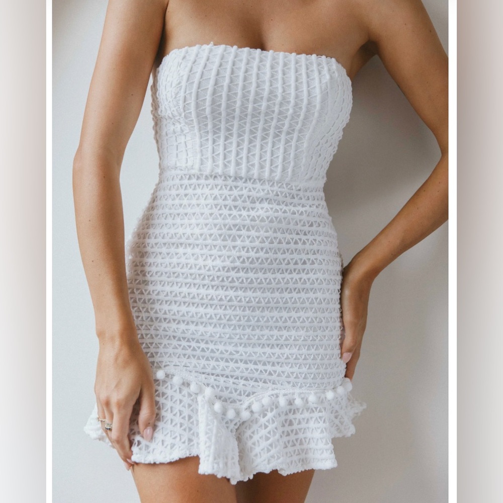 Selfie Leslie overlay strapless flounce hem mini dress in white